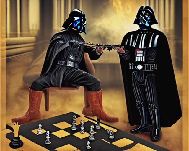 Image similar to darth vader playing chess with a witch lord voldemort