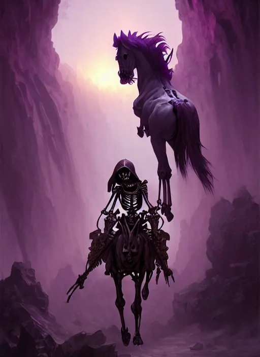 Prompt: skeleton necromancer raising a horse, purple palette, cave landscape, fantasy magic, dark light night, intricate, elegant, sharp focus, illustration, highly detailed, digital painting, concept art, matte, art by wlop and artgerm and greg rutkowski and alphonse mucha, masterpiece