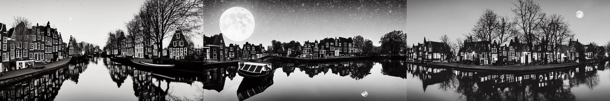 Prompt: Dutch houses along a river, silhouette!!!, Circular white full moon, black sky with stars, lit windows, stars in the sky, b&w!, Reflections on the river, a man is punting