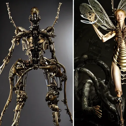 Prompt: still frame from Prometheus movie by Makoto Aida, biomechanical orchids mantis angel archangel gynoid by giger, metal couture by neri oxmn and Guo pei, editorial by Malczewski and by Caravaggio