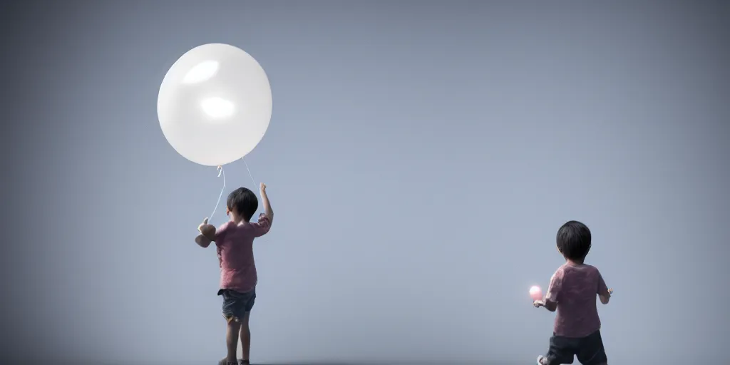 Image similar to boy floating away with a ballon, trending on artstation, award winning, volumetric lighting