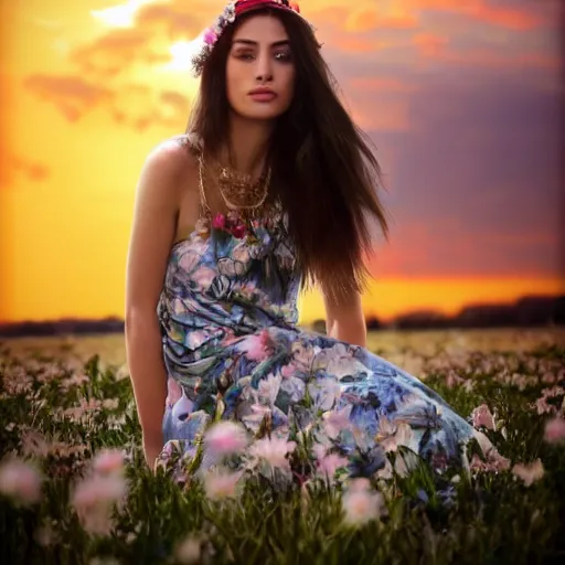 Image similar to Fine art photo of the most beautiful woman, she is turquish, she is posing while maintain a sweet eye contact to the camera, she has a crown of flowers, she has perfect white teeths, she is sitting on a field of lavader, she is getting ulluminated by the rays of the sunset, the photo was taking by Annie Leibovitz, Ellie Victoria Gale, Steve McCurry, matte painting, oil painting, naturalism, 4k, 8k