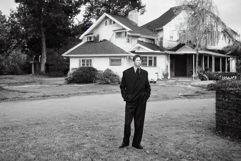 Image similar to cinematic film still from 1994 film: Farkas Bulkmeier standing near a house. XF IQ4, f/1.4, ISO 200, 1/160s, 8K, RAW, dramatic lighting, symmetrical balance, in-frame