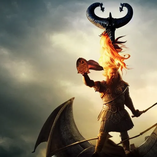 Prompt: viking holding the severed head of donald trump, rides a dragon flying over the white house, 8 k