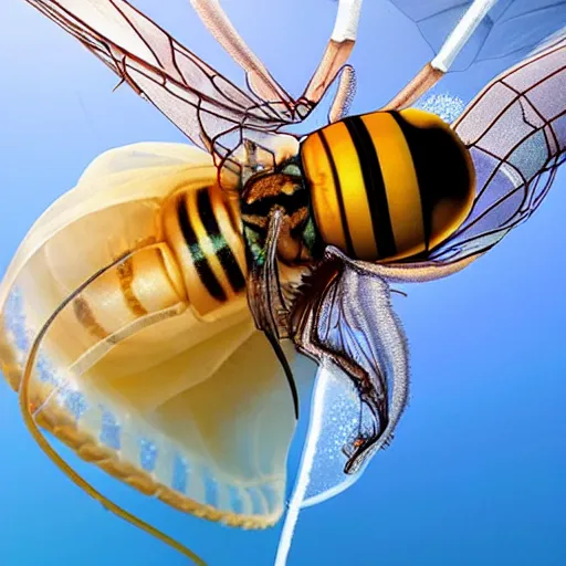 Image similar to a award winning photo of a wasp trapped inside a jellyfish, by national geografic, photorealism