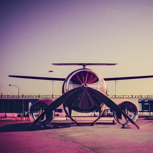 Prompt: high quality photo of a futuristic airplane, style of simon stalenhag photography 4k, f1.8 anamorphic, bokeh, 4k, Canon, Nikon