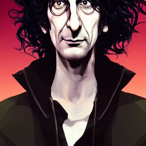 Image similar to closeup portrait of Neil Gaiman as The Sandman, pale skin, long black leather jacket, unruly hair, ambient lighting, 4k, anime key visual, lois van baarle, ilya kuvshinov, rossdraws, artstation