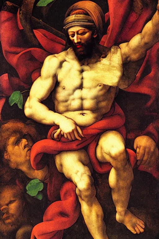 Image similar to michelangelo painting of blindfolded!!!!! jesus christ holding a cornucopia