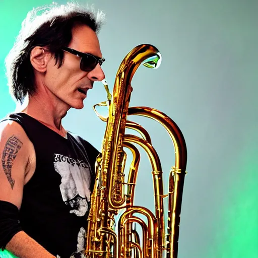 Prompt: Steve vai playing the tuba sensually, realistic, 4K,