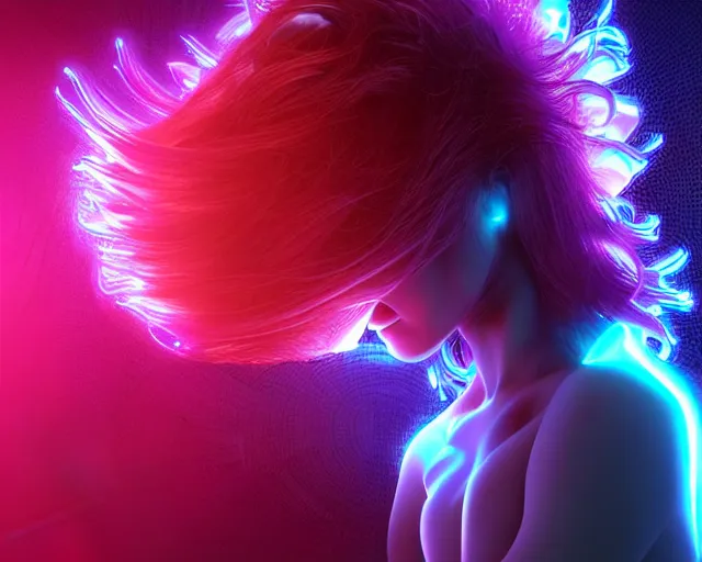 Image similar to glowing hair, complex cybernetic beings, beautiful hairy humanoids, cybermagnetosphere, cybernetic civilizations, ornate hair, love, joy, vortexes, large arrays, data holograms, 8 k, cinematic light shadows, wet hdr refractions, *, * * *, * * * * *