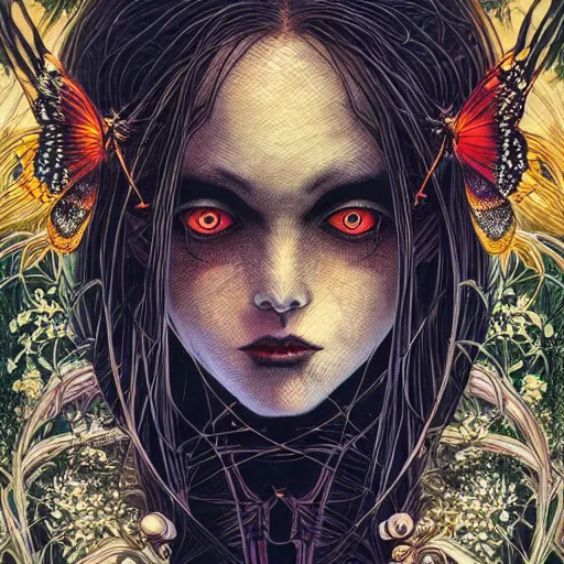 Image similar to portrait of crazy dark girl with insects, symmetrical, by yoichi hatakenaka, masamune shirow, josan gonzales and dan mumford, ayami kojima, takato yamamoto, barclay shaw, karol bak, yukito kishiro