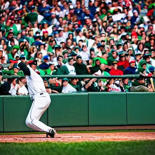 Prompt: Baseball playing hitting a grand slam over the Green Monster at Fenway park, award winning sports photography, Sports Illustrated