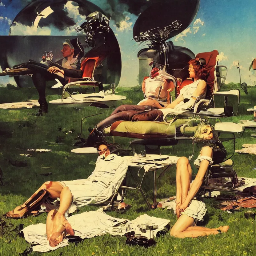 Prompt: a lounge on the edge of a meadow. billowing clouds. highly detailed science fiction painting by norman rockwell, frank frazetta, and syd mead. rich colors, high contrast, gloomy atmosphere, dark background. trending on artstation.