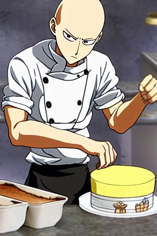 Image similar to chef saitama one punch man, dressed as a pastry chef, making a cake, anime artwork