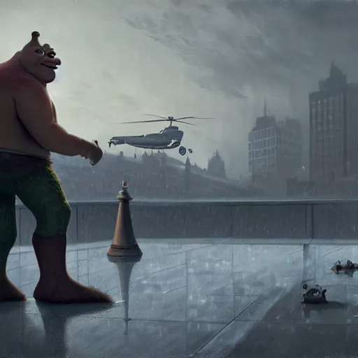 Image similar to steven armstrong vs shrek on helipad during storm, hyperrealism, no blur, 4 k resolution, ultra detailed, style of dragan bibin, denis villeneuve, tyler edlin, greg rutkowski