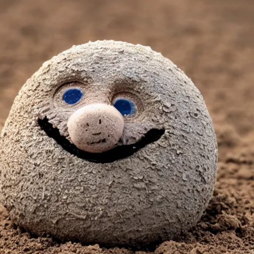 Image similar to photo of a small round creature made of dirt with round blue eyes and a round clown nose and a cute smile