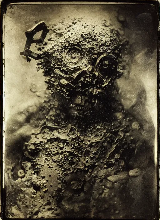 Prompt: old wetplate daguerreotype half man, half demon, explosion of data fragments, fractal, intricate, elegant, highly detailed, parallax, leica, medium format, subsurface scattering, by jheronimus bosch and greg rutkowski and louis jacques mande daguerre