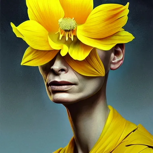 Image similar to medium shot, tilda swinton face fused with daffodil, inside the flower, daffodils, highly detailed, unreal engine, 3 d art, digital art, painting by greg rutkowski