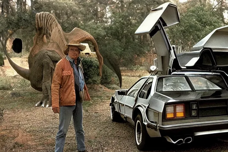 Prompt: time machine from back to the future in the Late Cretaceous period