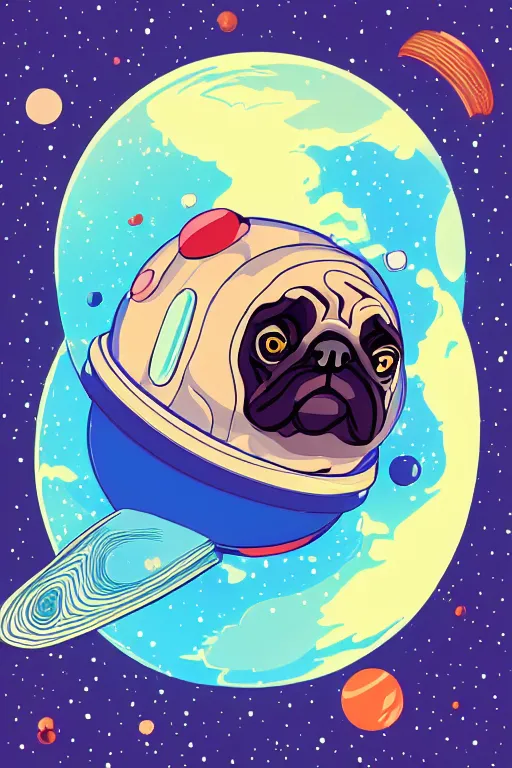 Image similar to planet pug floating in space, art by viktor miller gausa, sticker, colorful, illustration, highly detailed, simple, smooth and clean vector curves, no jagged lines, vector art, smooth