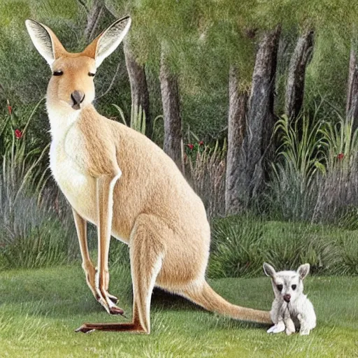 Image similar to a Muscular kangaroo and a very cute white rural retriever photograph, garden, highly detailed, high quality, award winning