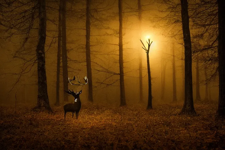 Image similar to a creepy dark forest illuminated by a glowing stag, night