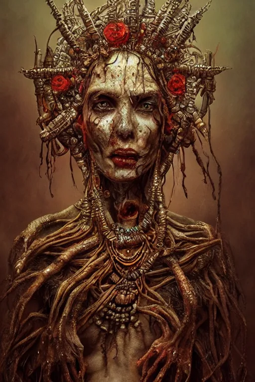 Prompt: a hiper intricate oil portrait of a zombie godess, ornate bone headpiece, excelent composition, wide shot, by zdzislaw beksinski, intricate, horror atmosphere, unreal engine 5 highly rendered, global illumination