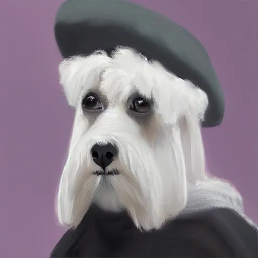 Prompt: “an oil painting portrait of a white Schnauzer dog wearing painters robe with Easel and a Beret cap an on a dark nebula background” digital Art, concept Art, highly detailed, 3-D 4K, trending on art station, Award winning, Mark Brooks,