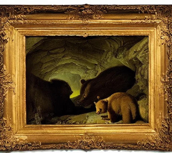 Image similar to viewer looking into dark cave and seeing a mother bear and her cubs sleeping, night time, artwork by Pieter Claesz, impressionism