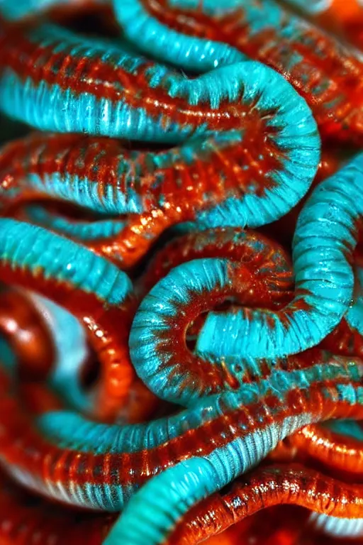 Image similar to high quality close-up photo translucent biomechanic worms! gorgeous orange dots highly detailed hannah yata elson peter cinematic turquoise lighting high quality low angle hd 8k sharp shallow depth of field