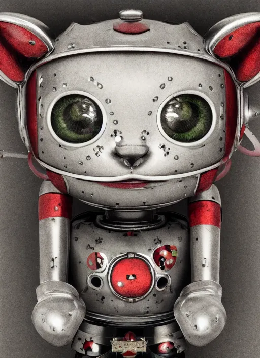 Image similar to closeup portrait of tin toy robot kitty trap, depth of field, zeiss lens, detailed, symmetrical, centered, fashion photoshoot, by nicoletta ceccoli, mark ryden, lostfish, breathtaking, 8 k resolution, extremely detailed, beautiful, establishing shot, artistic, hyperrealistic, octane render