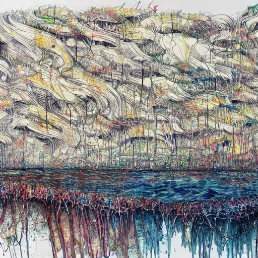 Image similar to by carne griffiths daring, melancholic. the conceptual art of a huge wave about to crash down on three small boats. the boats are filled with people, & they all look terrified.