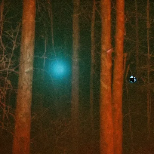 Image similar to grainy surveillance photo still of an alien in the woods at night hiding in the trees of a forest