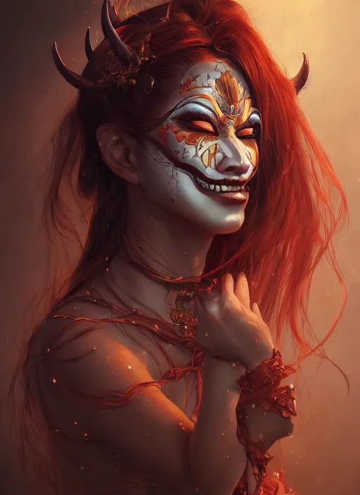 Prompt: a beautiful detailed oil on copper art illustration of a japanese okame mask devil woman, centered, by charlie bowater, zeng fanzh, trending on artstation, dim dusk lighting, cinematic lighting, detailed lighting, volumetric lighting, realistic, f 8, 4 k hd wallpaper