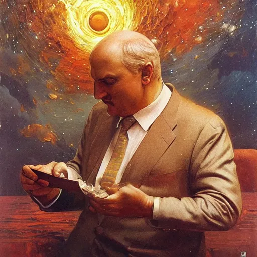 Image similar to lukashenko creating the universe, made by j. c leyendecker and beksinski