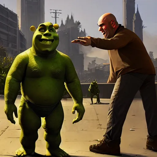 Prompt: zidane and shrek wearing vr playing gta v, highly detailed, digital painting, artstation, concept art, sharp focus, illustration, art by greg rutkowski and alphonse mucha