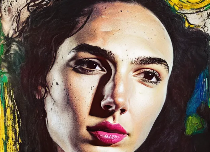 Image similar to portrait of gal gadot, by vincent lefevre and hernan bas and pat steir and hilma af klint, psychological, photorealistic, dripping paint, washy brush, rendered in octane, altermodern, masterpiece