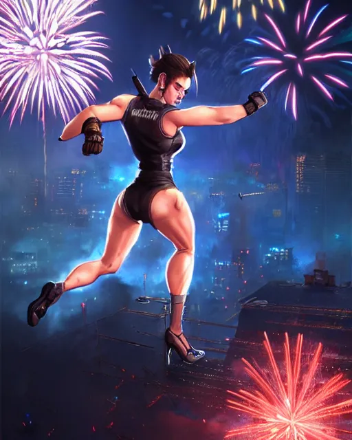 Image similar to gigachad jill valentine bodybuilder jumping in front of a fireworks show fighting wearing a suit in the fight club city, fantasy character portrait, ultra realistic, anime key visual, full body concept art, intricate details, highly detailed by greg rutkowski, ilya kuvshinov, gaston bussiere, craig mullins, simon bisley