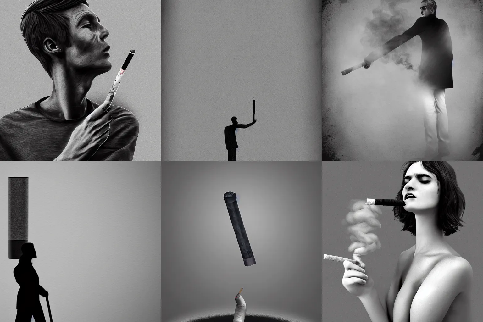 Prompt: a gigantic cigarette smoking up a human being, dramatic, grey tones, digital art, detaild