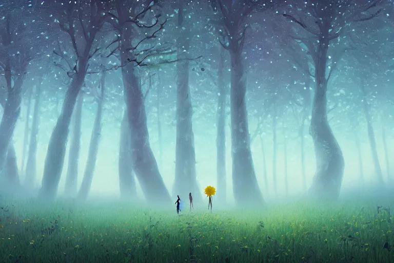 Image similar to giant bunch of daisy flowers head, girl walking in dark forest, surreal photography, dark night, stars, moon light, impressionist painting, clouds, digital painting, artstation, simon stalenhag