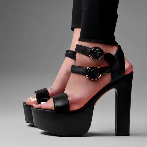 Image similar to woman's feet in black demonia chunky platform sandals, studio light, 8 k