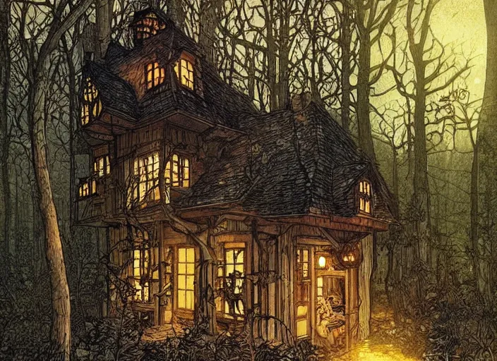 Prompt: house in a clearing in the middle of the forest, beautifully lit, steampunk, by rebecca guay, by francois schuiten
