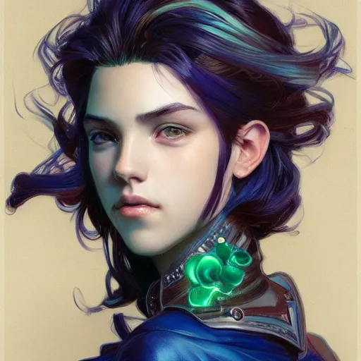 Image similar to teen, boys, twins, azure hair, malachite hair, short hair, elegant, intricate, artstation, digital painting, highly detailed, sharp focus, by artgerm and greg rutkowski and alphonse mucha