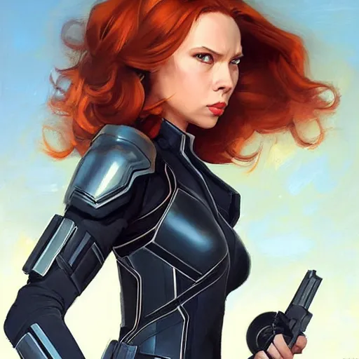 Prompt: greg manchess portrait painting of light armored natasha romanova aka black widow as overwatch character, medium shot, asymmetrical, profile picture, organic painting, sunny day, matte painting, bold shapes, hard edges, street art, trending on artstation, by huang guangjian and gil elvgren and sachin teng