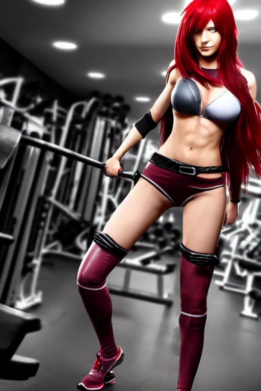 Image similar to Katarina from League of Legends at the gym, photorealistic full body, highly detailed