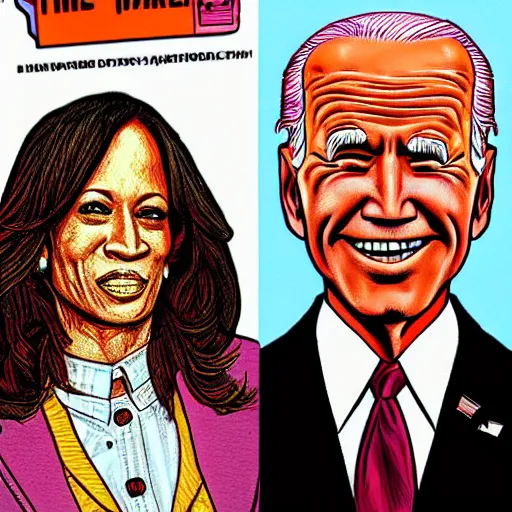 Image similar to The Artwork of R. Crumb and his Cheap Suit - Joe Biden and Kamala Harris, pencil and colored marker artwork, trailer-trash lifestyle