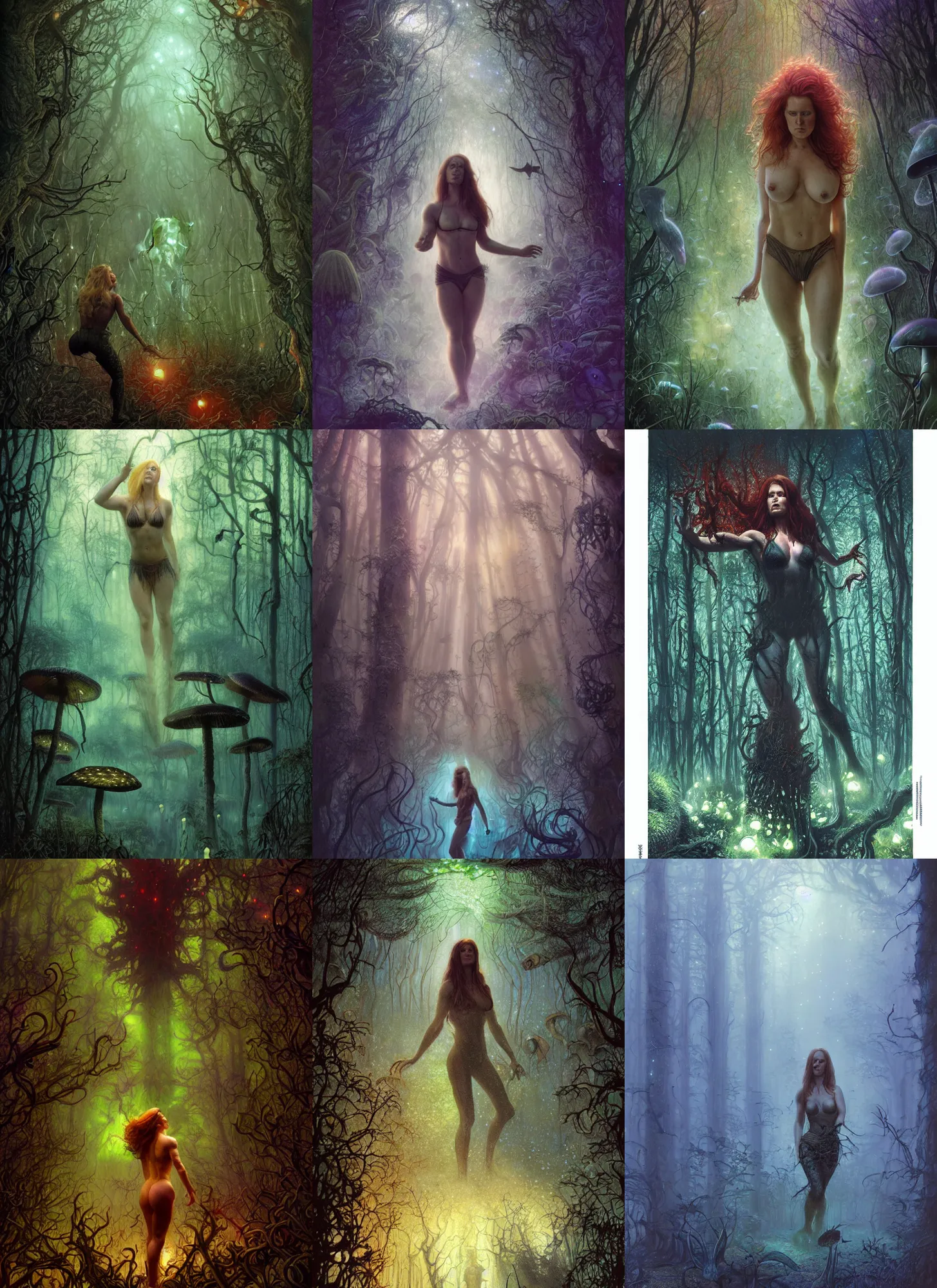 Image similar to muscled Amy Adams lost in a foggy bioluminescent mushroom forest, rainbow fireflies, creepy creatures hiding in long shadows, Donato Giancola, Mark Brooks, Ralph Horsley, Charlie Bowater, Artgerm, Christopher Balaskas, Bastien Lecouffe-Deharme