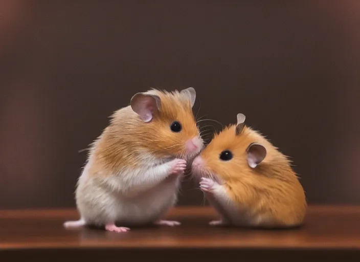 Image similar to photo of a hamsters kissing!!!!, at night, romantic, faded colors, candlelit restaurant table, cinematic color grading, various poses, soft light, well framed, sharp focus, 8 k