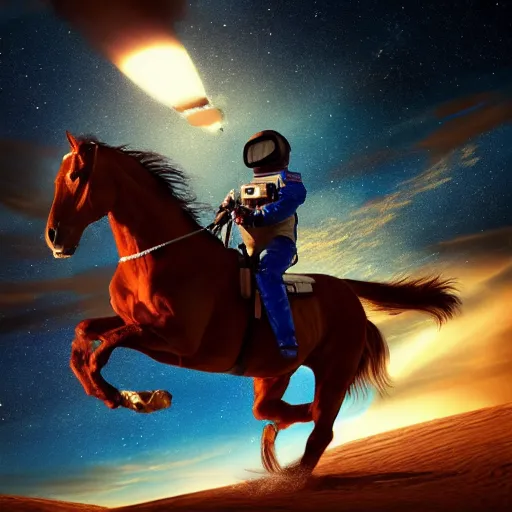 Prompt: image of horse above astronaut, hyperrealistic masterpiece, trending on artstation, cgsociety, kodakchrome, golden ratio, cinematic, composition, beautiful lighting, hyper detailed