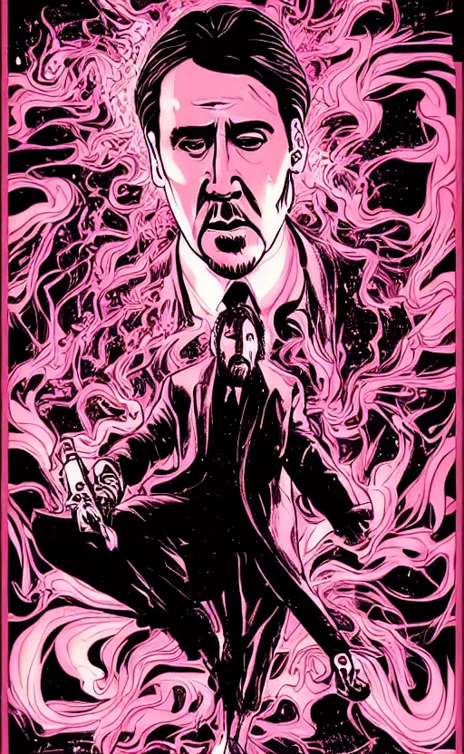 Prompt: nicolas cage as john wick, dramatic lighting, style of mcbess + Laurie Greasley + Satoshi Kon, symmetric lights and smoke, psychedelic effects, glowing particles, neon smoke